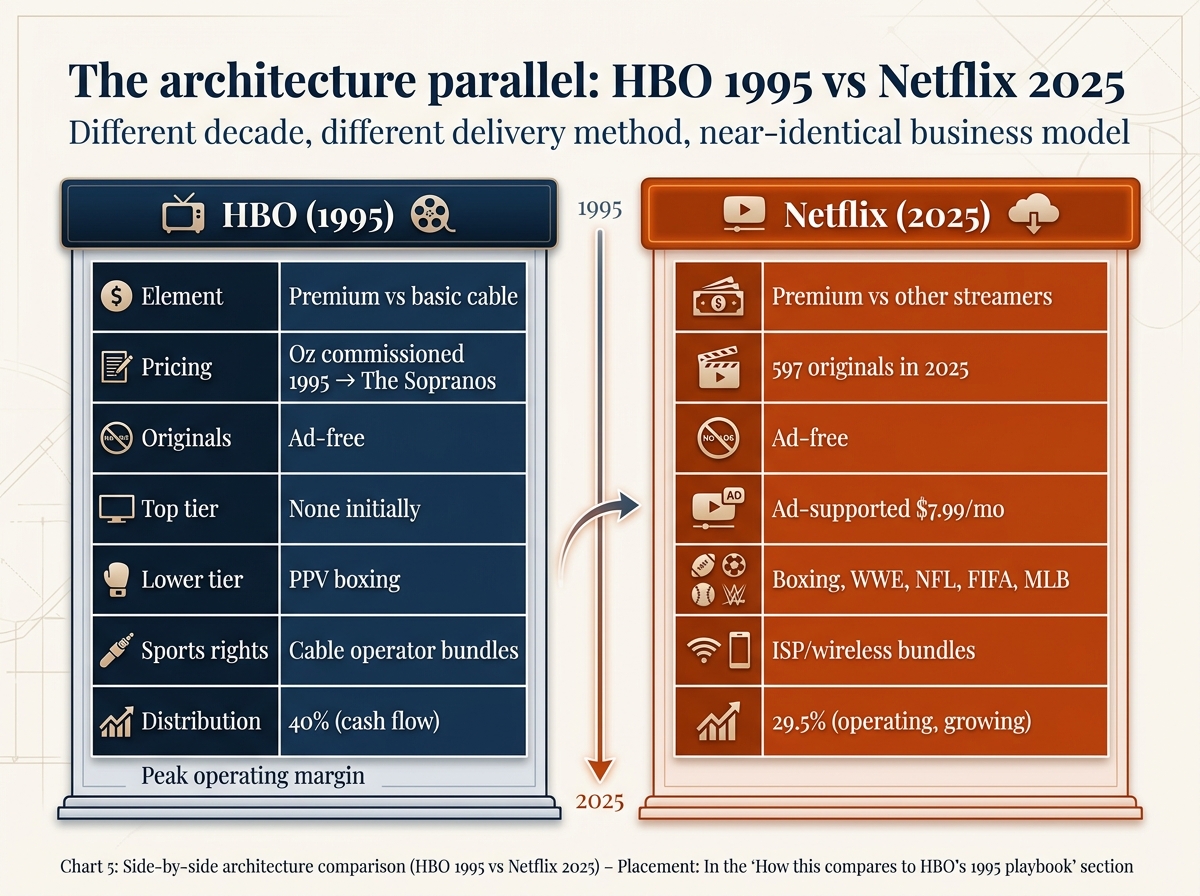 Comparison table showing HBO's 1995 business architecture versus Netflix's 2025 architecture, with similar elements across pricing, originals, top tier, lower tier, sports rights, distribution, and operating margin