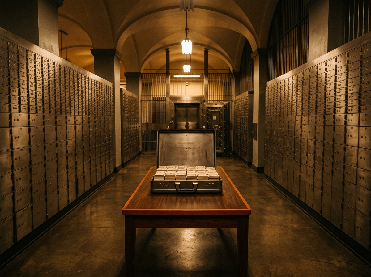 Bank vault interior with warm golden lighting and an oversized open briefcase containing neat stacks of unmarked currency on a polished wooden table.
