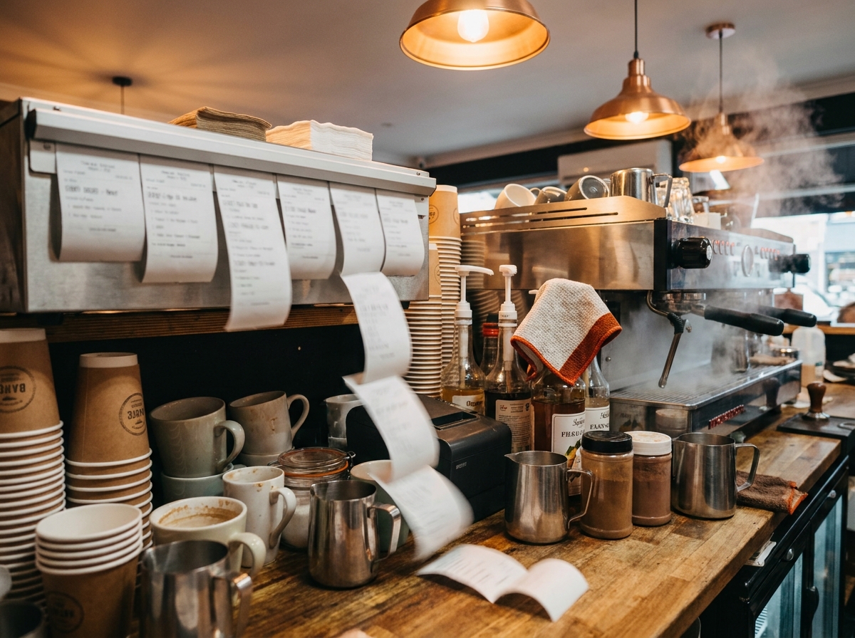  A busy cafe service counter overflowing with order tickets, cups, syrup bottles, and pitchers around an espresso machine, conveying operational complexity at peak hours.