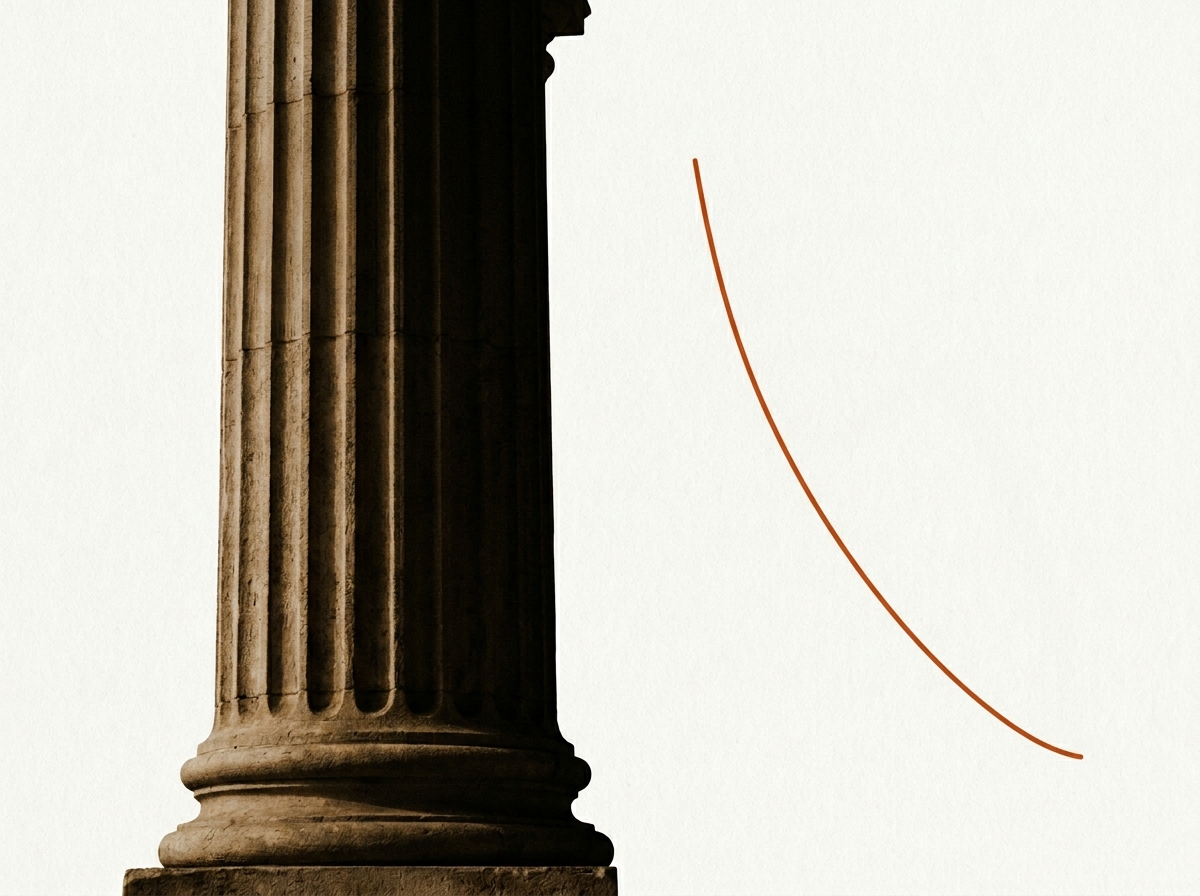 Editorial photograph of a classical column in shadow with a downward-curving line beside it, illustrating the trajectory of US interest rates after the 2024 Fed rate cuts began.
