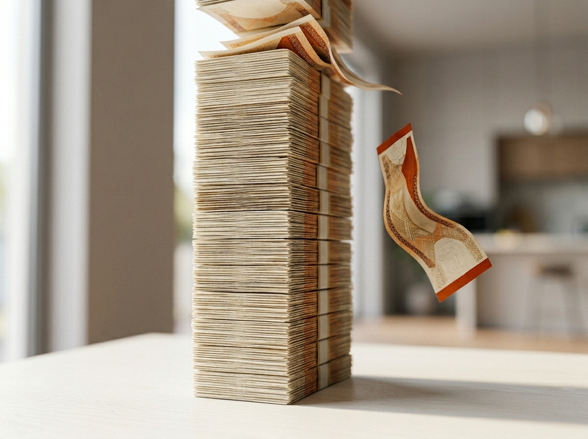Photograph of a stack of currency being drawn down with one note suspended in mid-air, illustrating the gradual depletion of cash flow available for share buybacks.
