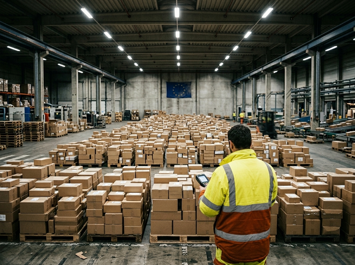 European customs warehouse interior with hundreds of small parcels stacked on pallets and a single high-vis-jacketed official inspecting one package in the foreground.