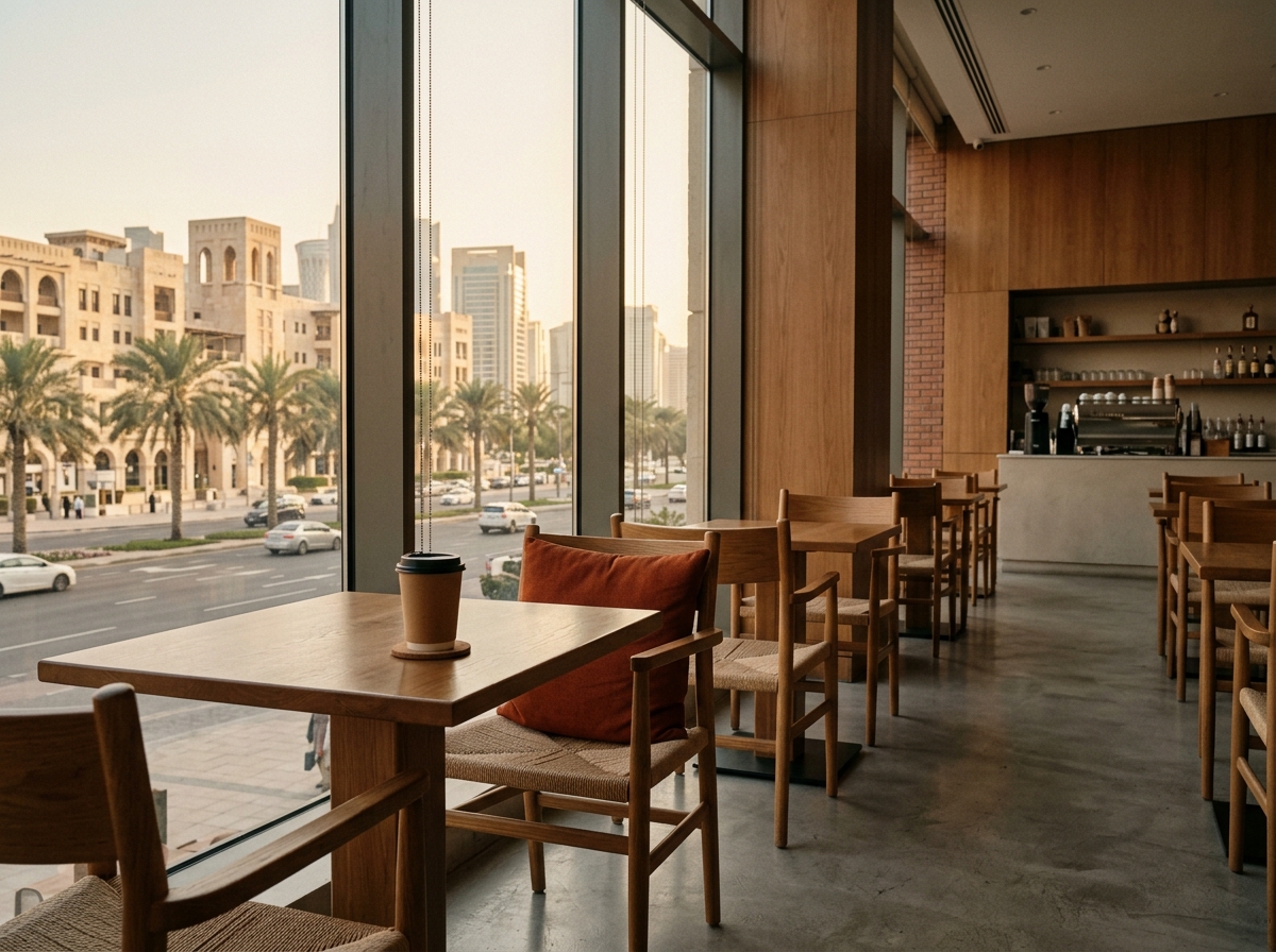 Empty modern cafe interior in a Middle Eastern city with neatly arranged tables and chairs, warm afternoon light streaming through the windows.