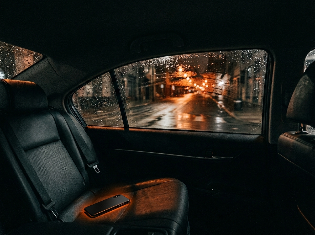 Empty rideshare backseat viewed through a rain-spotted window at night, with streetlights smearing into warm bokeh and a phone glowing on the leather seat.