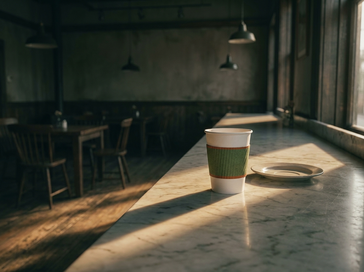 Empty paper coffee cup with green sleeve sitting alone on a marble cafe counter as warm afternoon light casts long shadows.