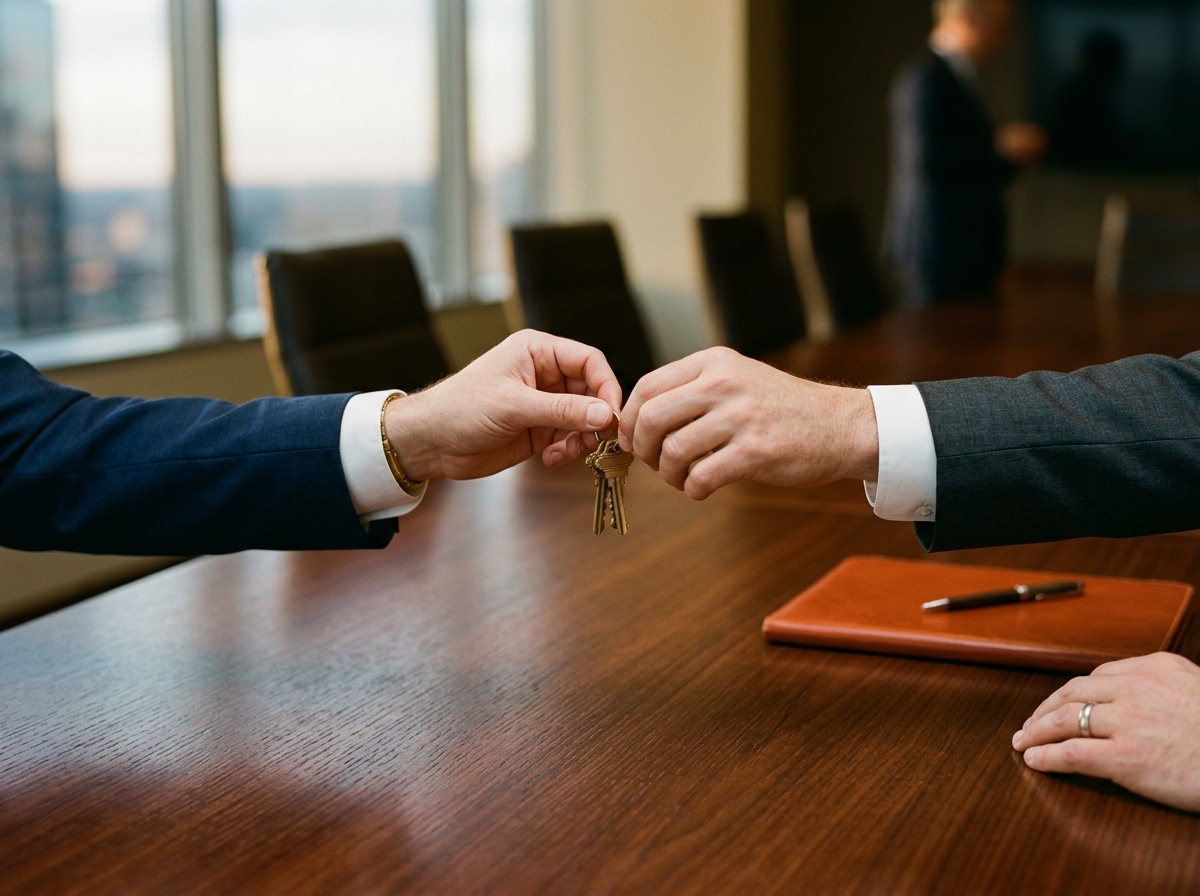 Close-up of two business hands across a boardroom table as one passes a small set of brass keys to the other.