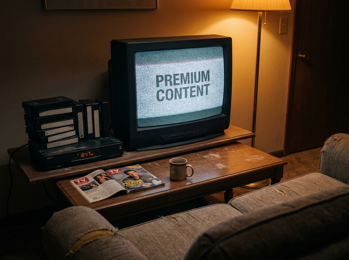 A 1990s living room scene with a CRT television, VHS tapes, and cable TV box, illustrating the era when HBO defined premium cable's business model