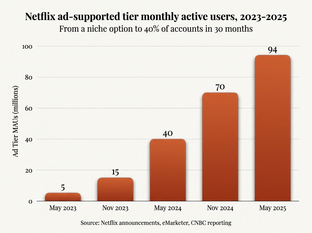 Chart showing Netflix's ad-supported tier growing from 5 million users in May 2023 to 94 million users in May 2025