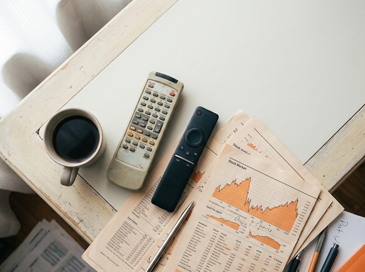 Overhead view of vintage cable TV remote and modern streaming remote on a desk surrounded by financial documents, illustrating Netflix's quiet shift toward cable's business model