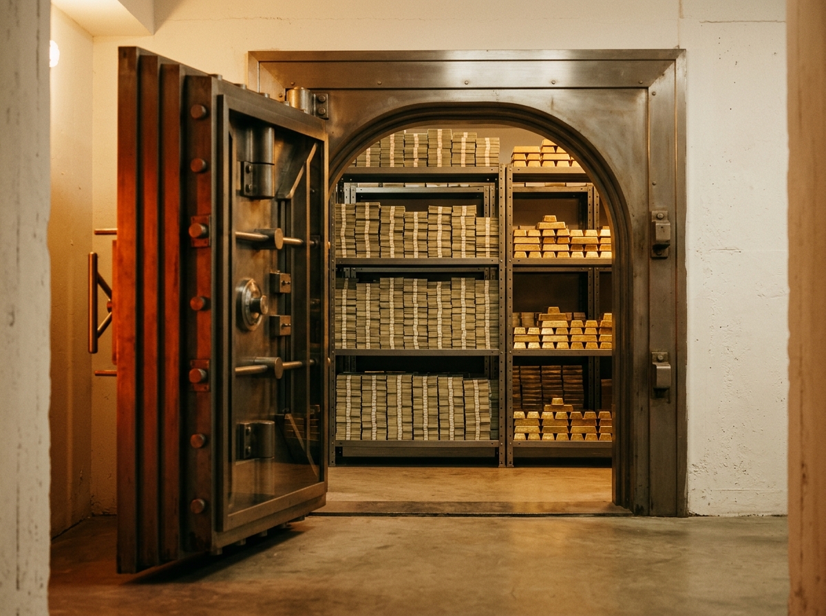 Open bank vault photographed from a low angle, with stacks of currency and gold bars visible inside, illustrating the concept of an unseen banking operation embedded in another business.