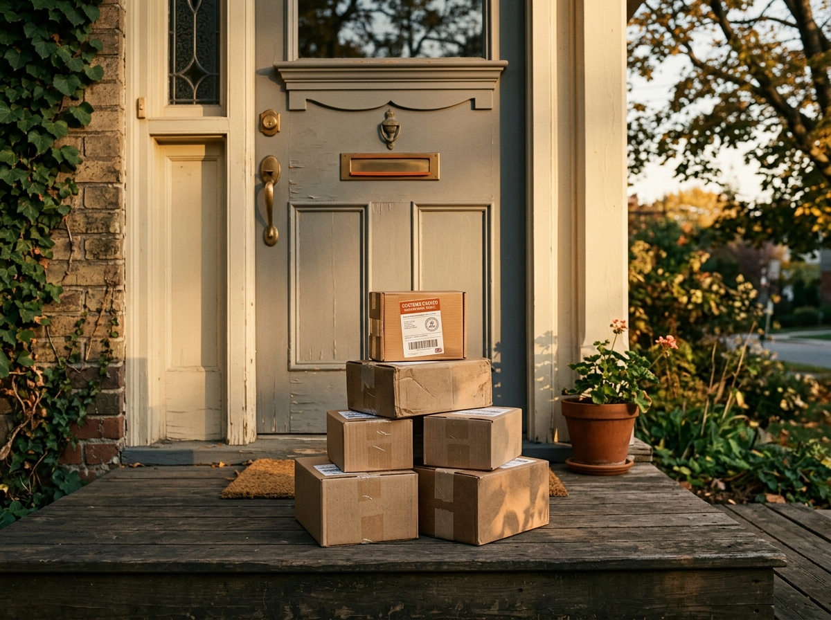 Stack of small brown cardboard shipping boxes on a suburban American doorstep with a single official customs sticker visible on top.
