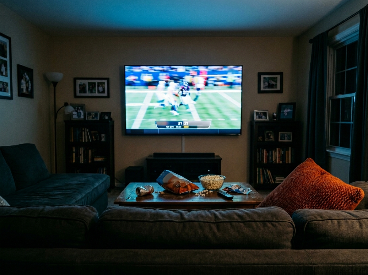 Empty American living room viewed from behind the couch with a large TV mid-game broadcast casting blue light across snacks on the coffee table.