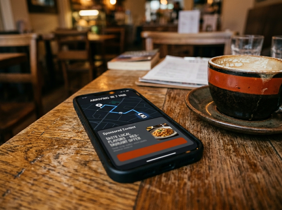 Smartphone on a wooden cafe table beside a coffee cup showing a generic ride-hailing app interface with a map and a sponsored content area below.
