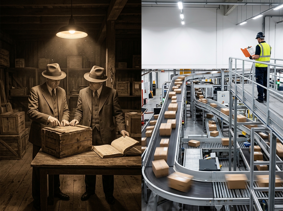 Split image contrasting a 1930s customs warehouse with two officials inspecting a wooden crate against a modern automated parcel sorting facility with conveyor belts.

