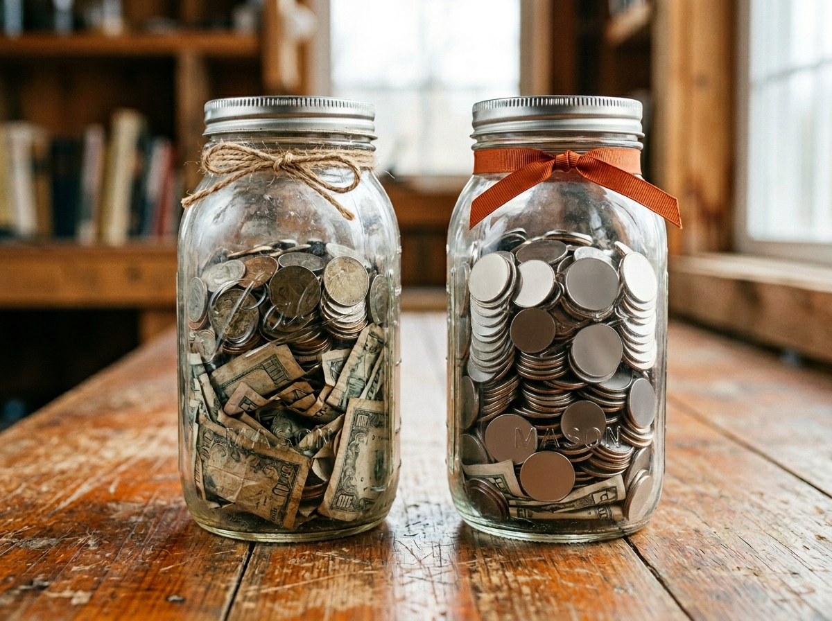 Two transparent glass jars side by side on a wooden surface, the left filled mostly with paper currency, the right showing more coins than paper.