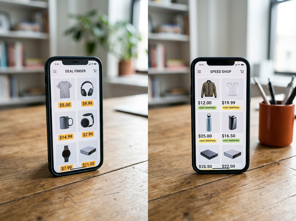 Two smartphones side by side on a wooden desk both showing generic e-commerce shopping interfaces with different price points displayed on product grids.
