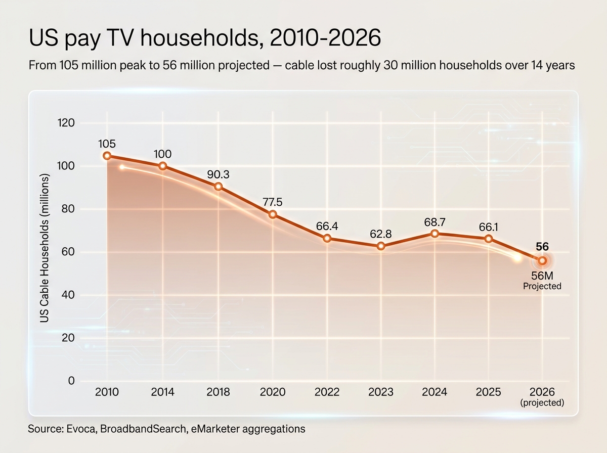 Line chart showing the decline of US cable TV households from 105 million in 2010 to a projected 56 million by 2026
