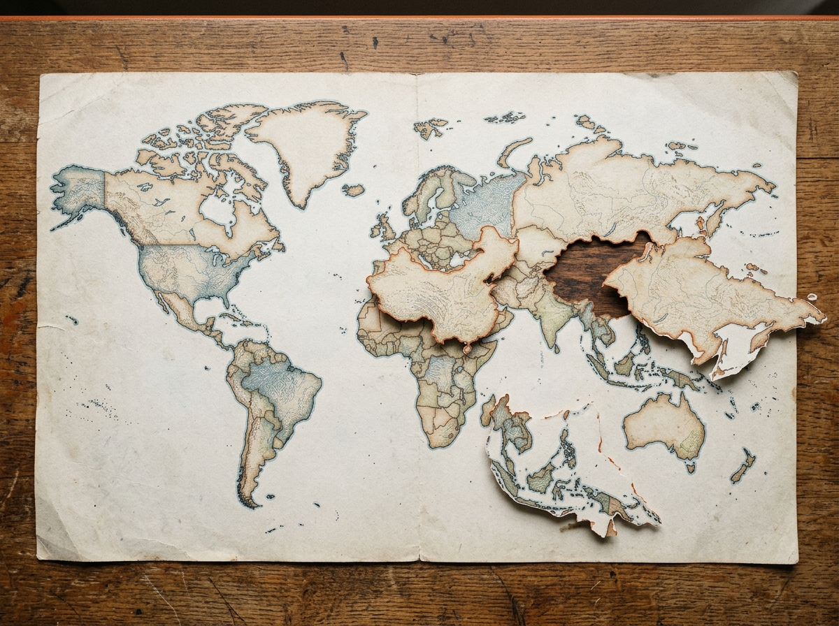 Vintage world map photographed from above with three cut-out sections — China, Russia, and Southeast Asia — physically lifted away from their original locations on the map.