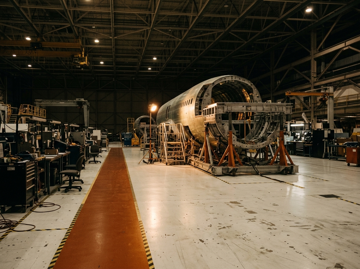 Editorial photograph of a quiet aerospace manufacturing floor at end of shift, with reduced overhead lighting and a single fuselage assembly fixture visible in the middle distance.
