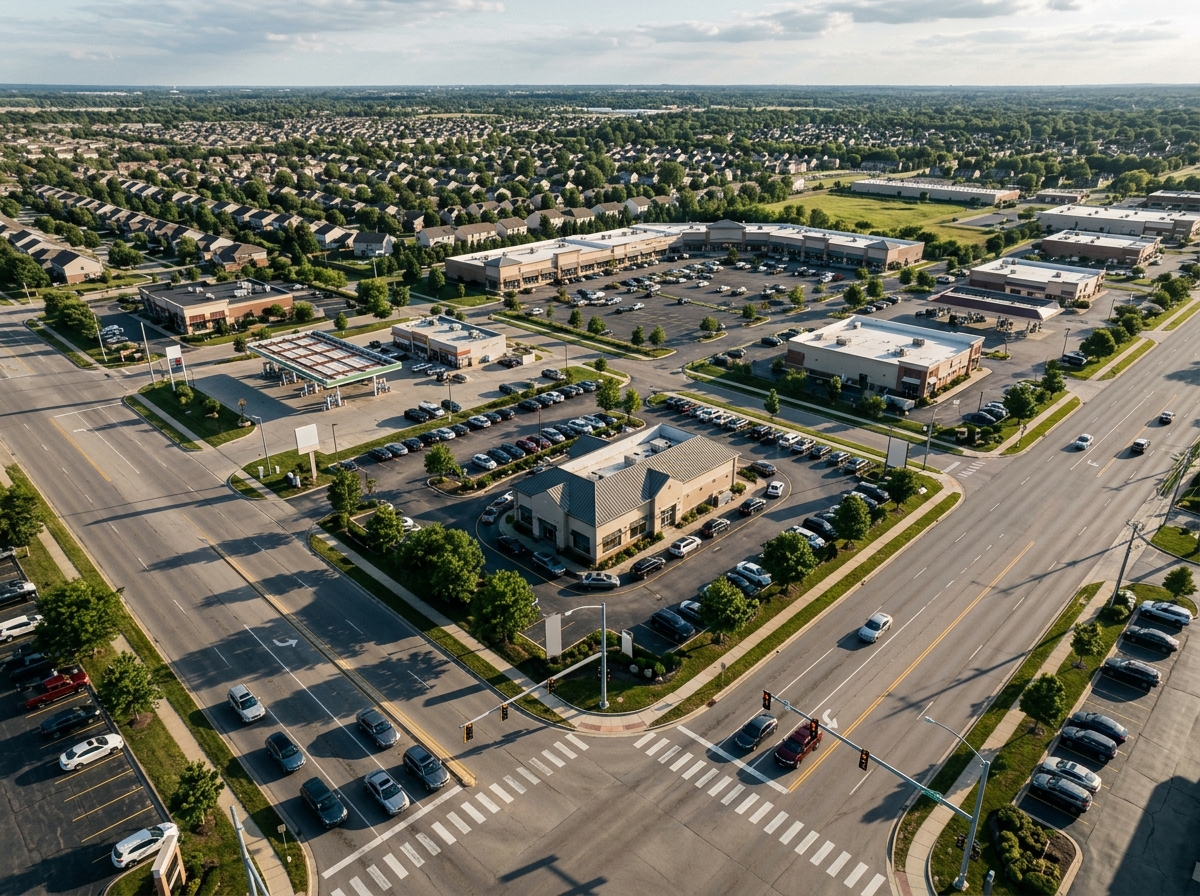 High-altitude aerial view of a contemporary suburban commercial corner intersection with a freestanding building, drive-through lanes, and surrounding commercial properties.