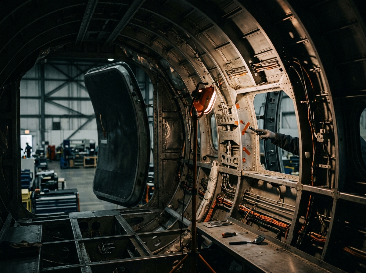 Editorial photograph of an aircraft fuselage interior under inspection lamp light, with most of the structure in shadow and a single illuminated section visible.
