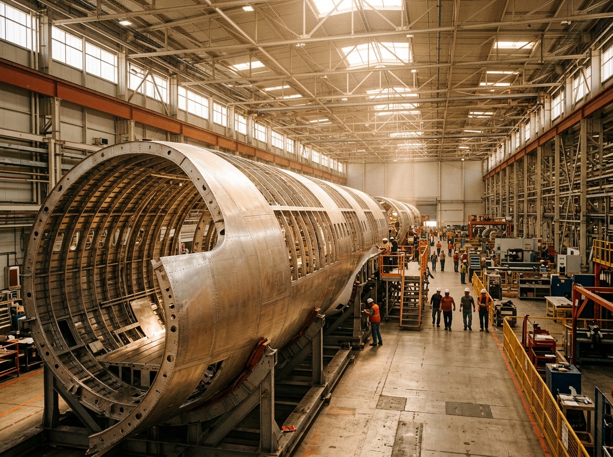 Wide editorial photograph of an aircraft fuselage section under fabrication in an industrial facility, with workers visible at scale and warm directional lighting emphasizing the curved aluminum skin.