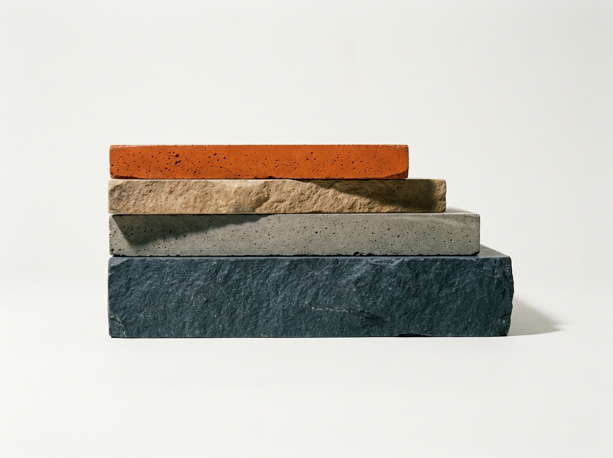 A four-layer architectural cross-section model lit dramatically from one side, with the top layer rendered in burnt orange to suggest hidden complexity beneath visible structure.