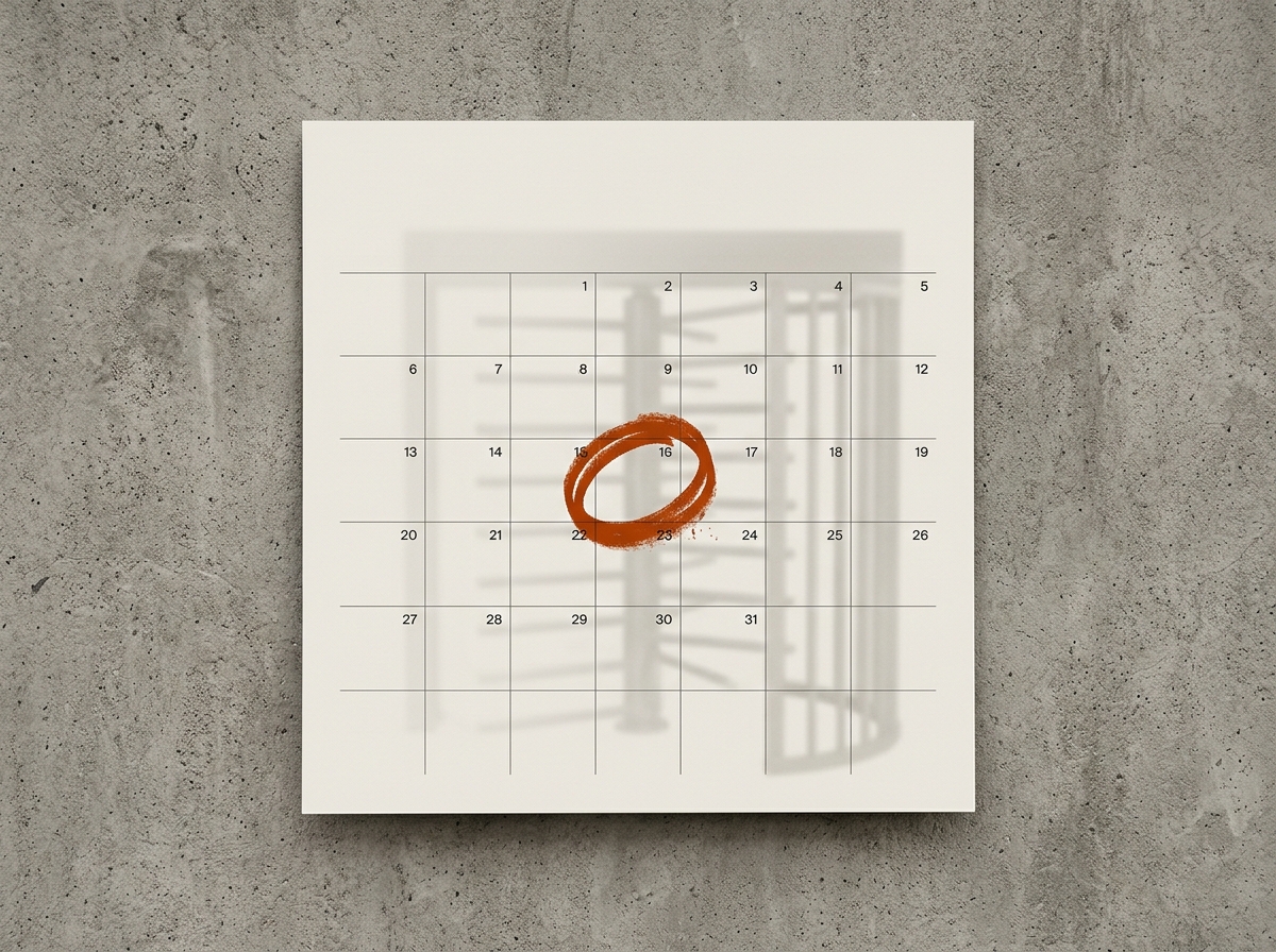 Wall calendar with a single date circled in burnt orange and a faint turnstile silhouette visible behind, representing the July 1, 2026 lockout threshold