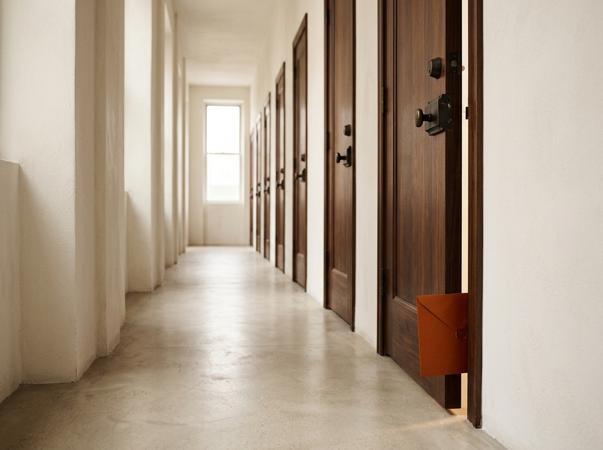 Corridor receding into distance with locked doors and a single envelope wedged in the nearest threshold, representing how one new loan locks all existing loans into new repayment plans.
