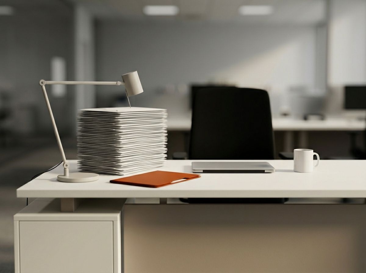 Minimalist photograph of an empty government workspace with a stack of unopened envelopes on a desk, representing the volume-driven nature of default resolution work.
