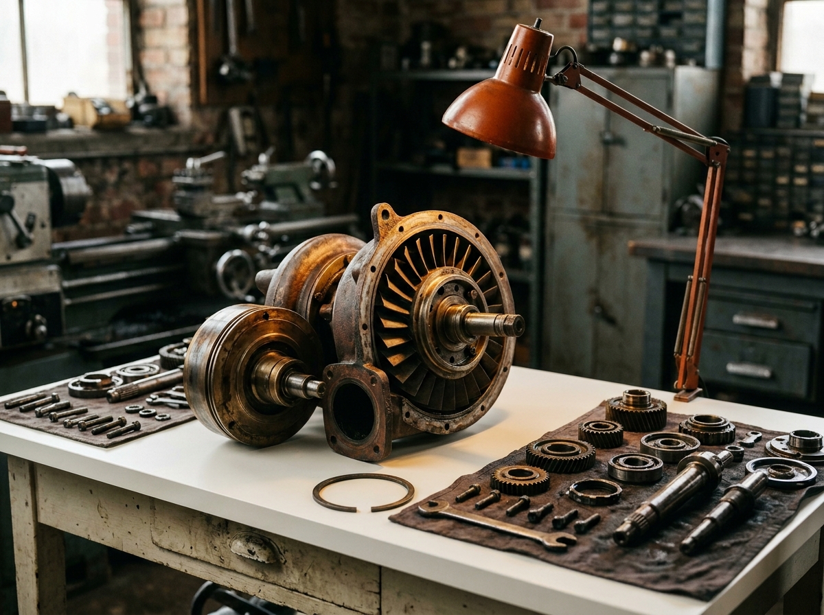 Editorial photograph of a vintage industrial machine component being methodically disassembled on a workbench, with smaller parts laid out alongside.
