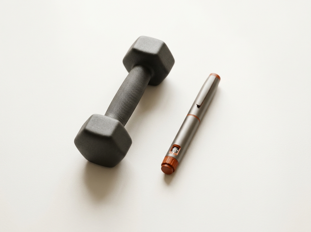 A dumbbell and a medical injection pen resting parallel on a clean off-white surface, illustrating the unexpected partnership between the fitness and weight-loss-drug industries.