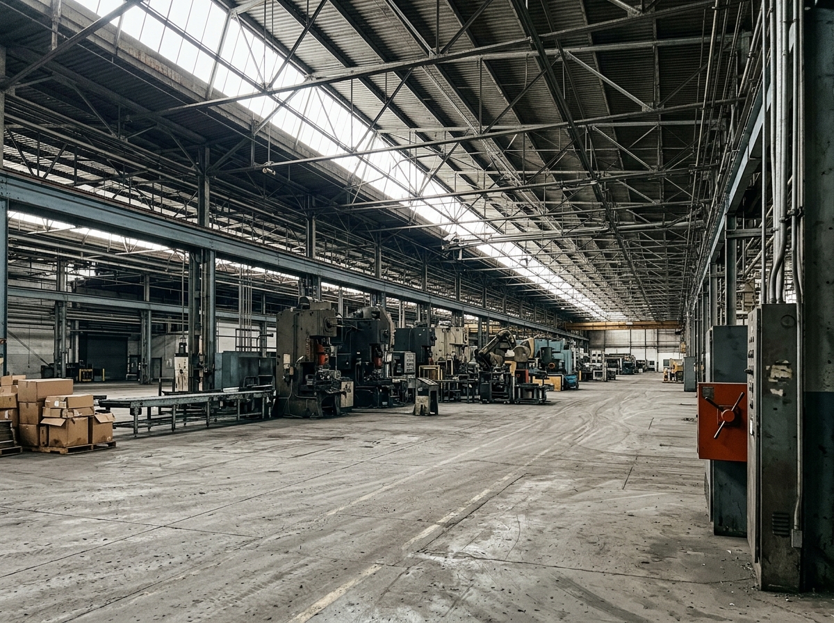 An empty auto parts manufacturing facility with idle machinery beneath skylights, evoking the operational consequences of First Brands' bankruptcy on its plants and workers.

