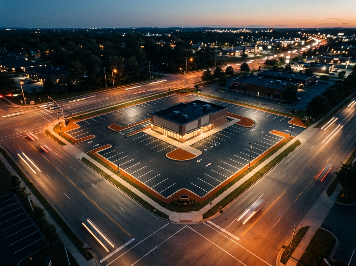 Aerial view at twilight of a generic commercial corner lot showing a vacant building footprint, parking lot pavement, and surrounding access roads with warm streetlight glow.
