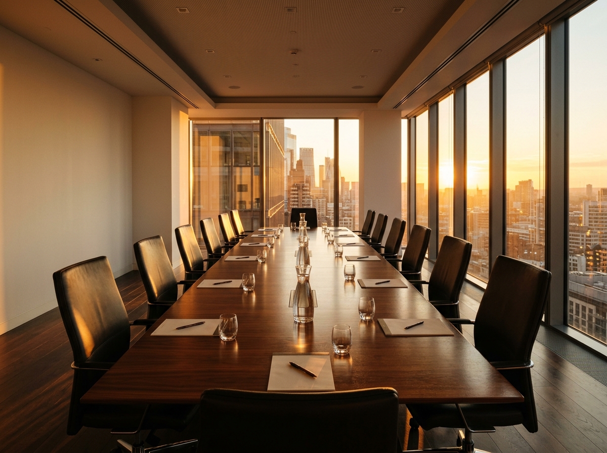 Wide editorial photograph of an empty corporate boardroom at end of day with warm sun streaming through windows onto an unused conference table.
