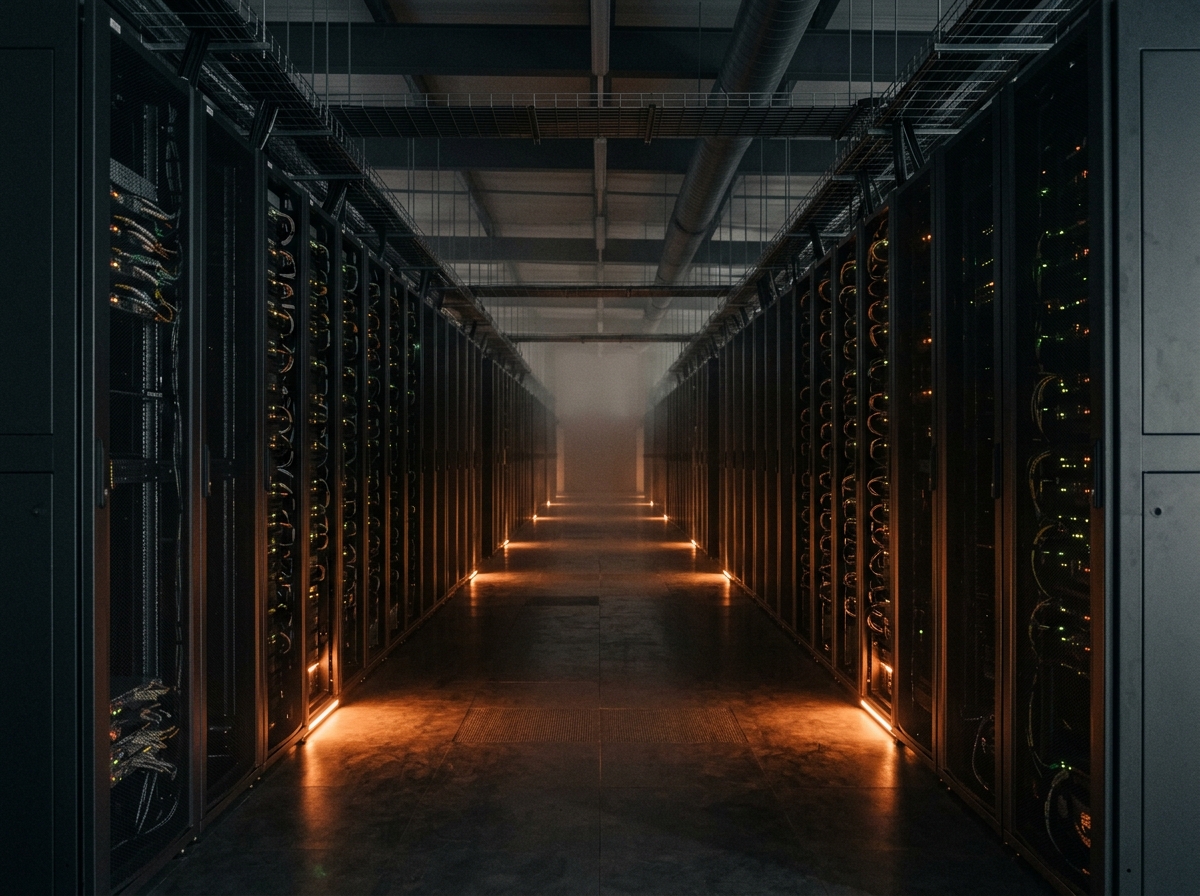 Long aisle of dark server cabinets in a data center photographed at dusk, lit by soft amber floor lighting receding into the distance.
