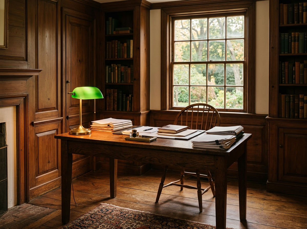 An empty wooden desk in a colonial-style home study, lit by a banker's lamp with a warm glow, suggesting the small-scale operating environment of a credit rating agency.