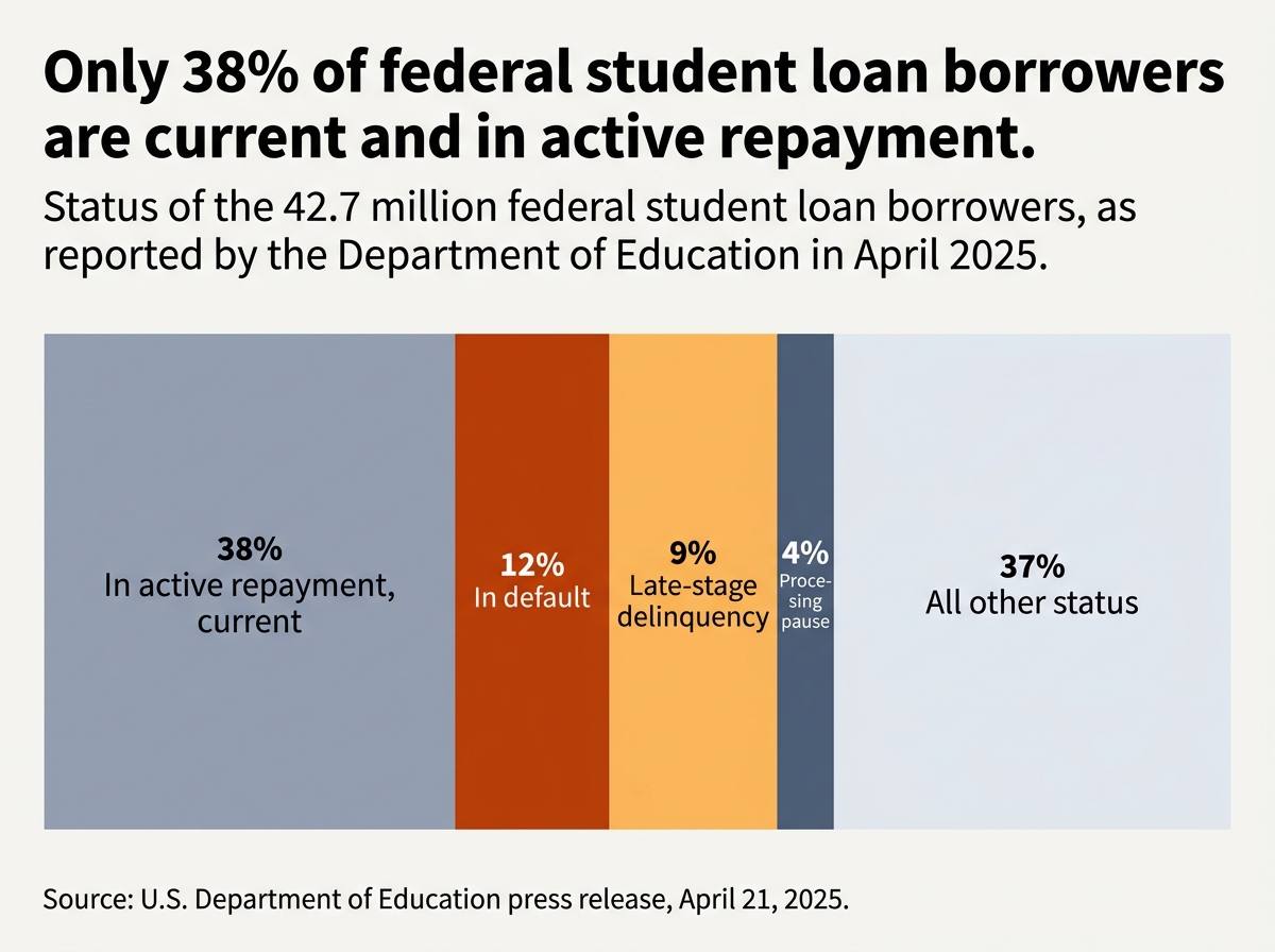 Horizontal stacked bar showing only 38 percent of 42.7 million federal student loan borrowers are current in repayment as of April 2025.
