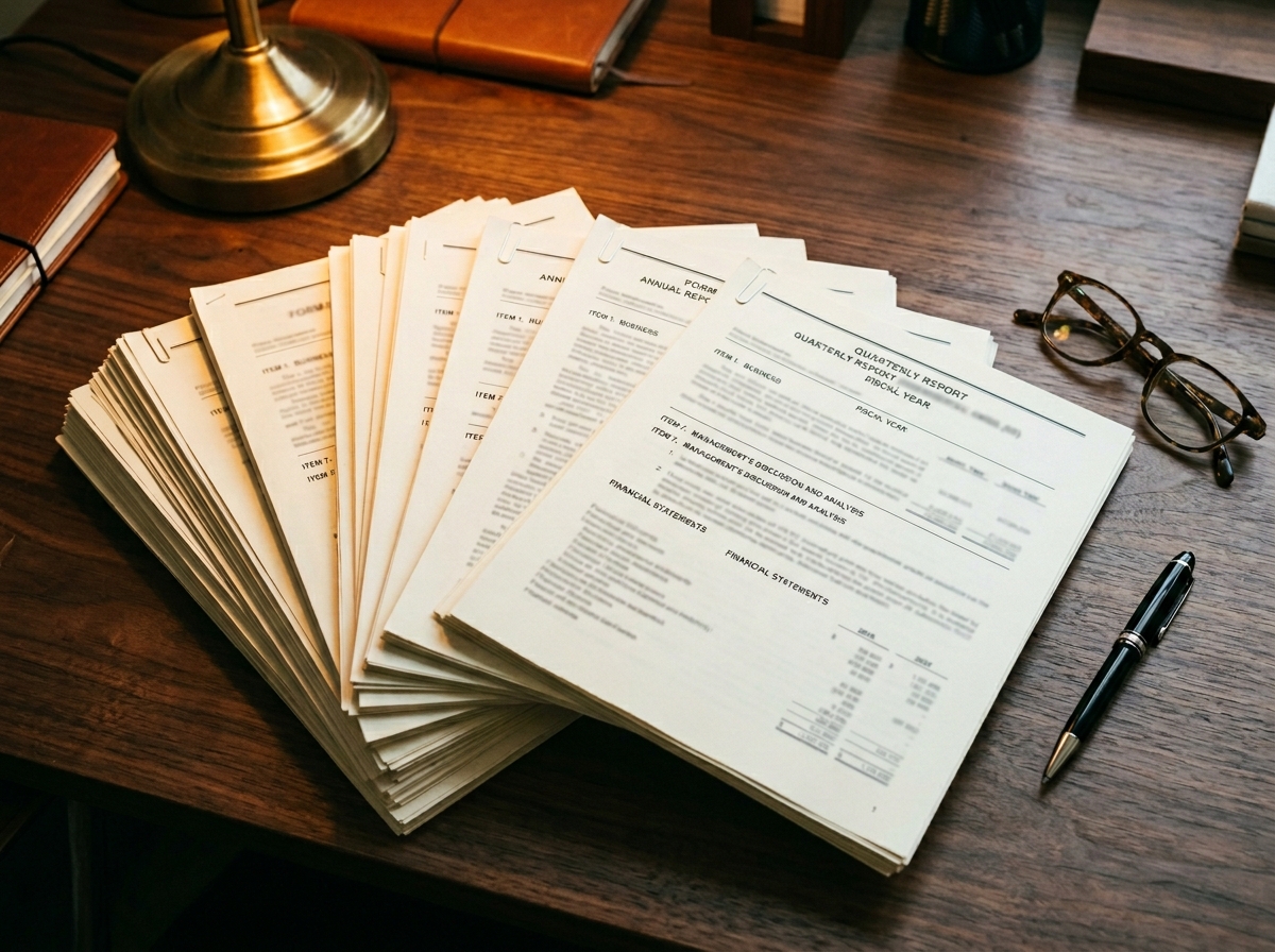 Overhead editorial photograph of corporate financial filings spread on a wooden desk under warm lamp light, with reading glasses and a pen beside the documents.
