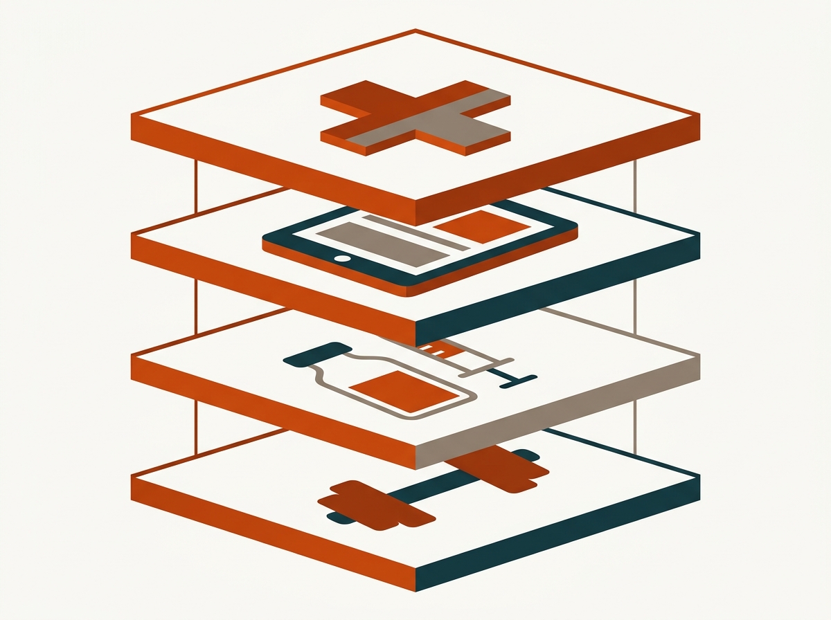 A four-layer stacked illustration symbolizing metabolic health infrastructure: clinical care, telehealth, prescription medication, and physical training.