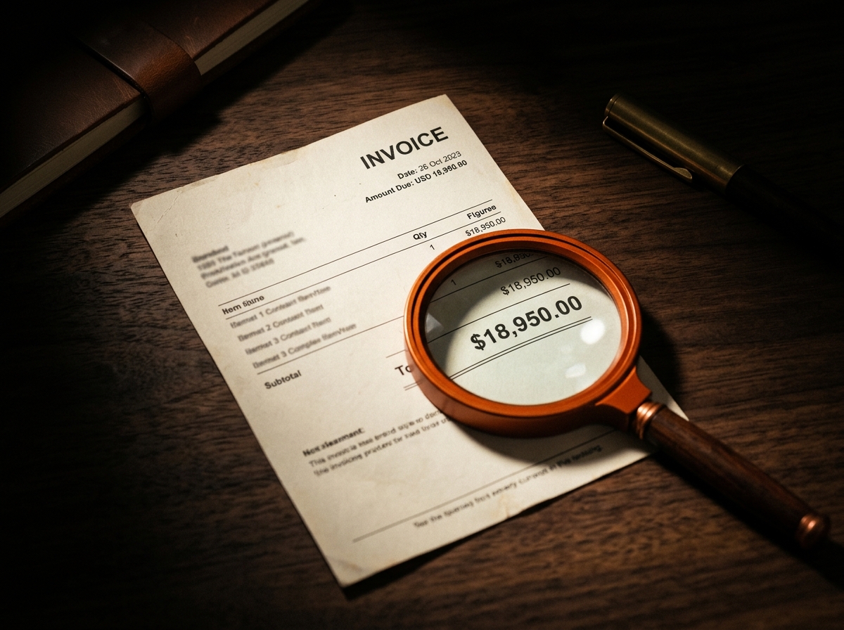 A magnifying glass hovers over a single paper invoice on a wooden desk, the focal point of an editorial photograph evoking forensic financial review.