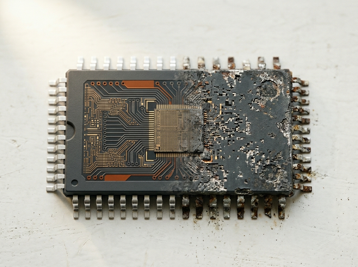 Single industrial microchip photographed with its left half pristine and its right half visibly degraded, suggesting gradual hardware obsolescence over time.