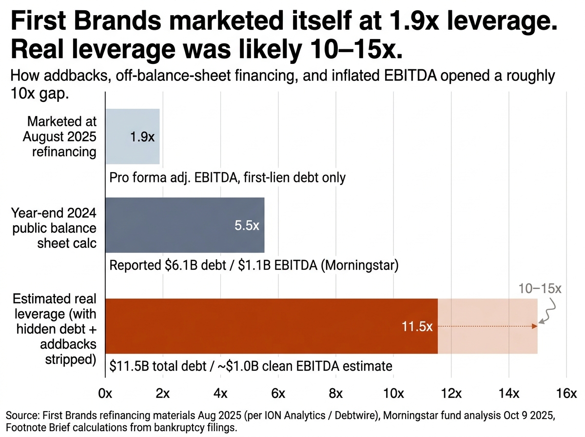 Horizontal bar chart comparing First Brands' leverage as marketed in the August 2025 refinancing (1.9x) against the year-end 2024 public balance sheet calculation (5.5x) and the estimated real leverage including hidden off-balance-sheet debt (11.5x).
