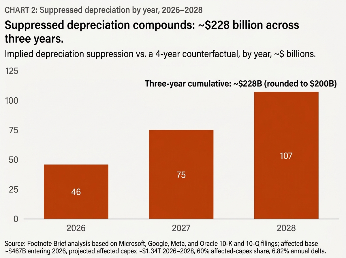 Vertical bar chart showing suppressed depreciation rising from $46 billion in 2026 to $75 billion in 2027 to $107 billion in 2028, totaling roughly $228 billion.

