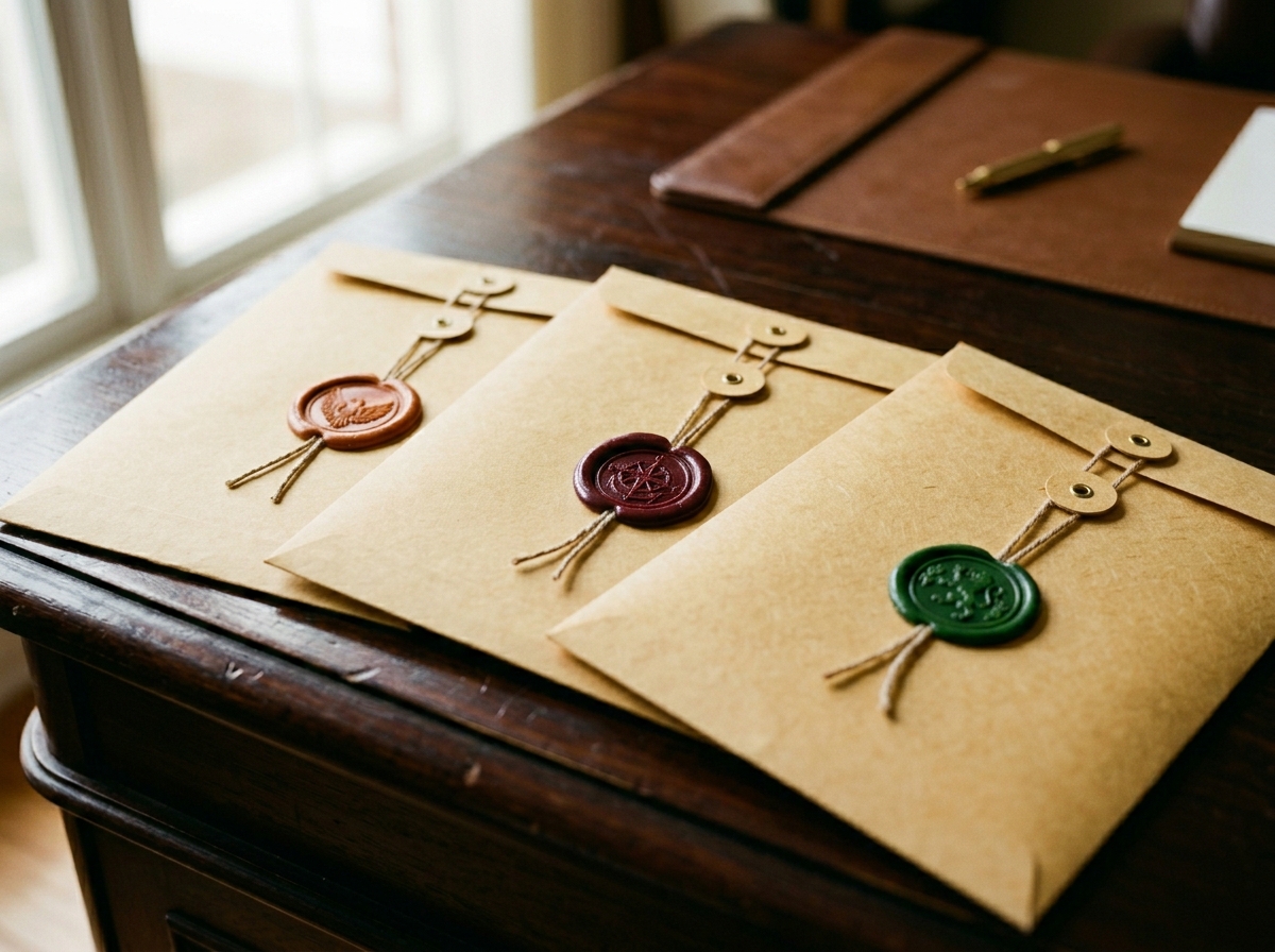 Three sealed manila envelopes arranged on a wooden desk, representing the three different contract structures in the federal student loan system.
