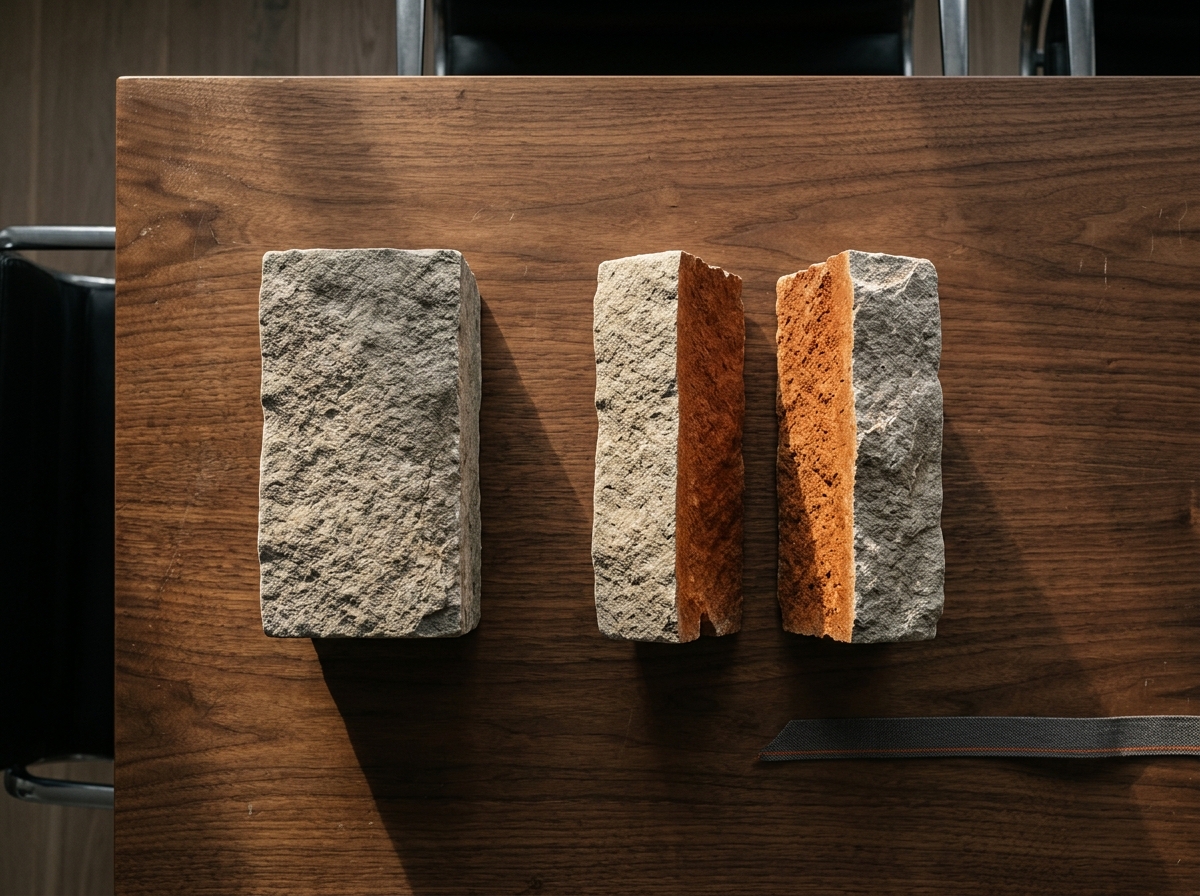 Two architectural model stone blocks on a wooden conference table, one intact, one split cleanly into two halves under dramatic side-lighting.