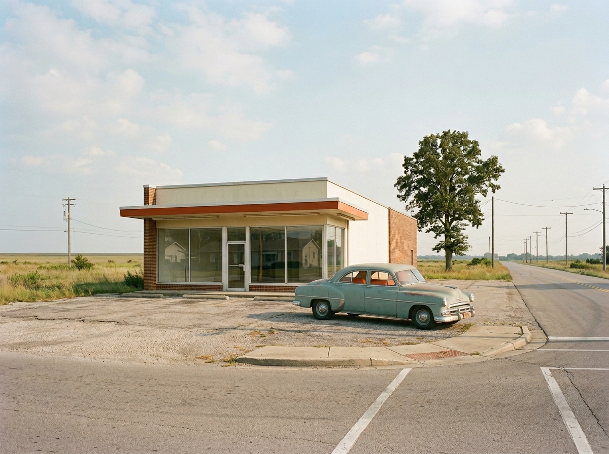 Vintage 1950s-style roadside commercial corner lot in mid-afternoon light with a small mid-century building, vintage car, and postwar suburban surroundings.